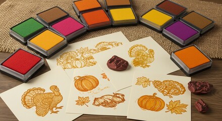 Colorful ink pads and Thanksgiving themed stamps for autumn crafting.