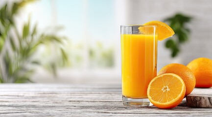 Refreshing orange juice in a tall glass, beside sliced oranges on a light wooden table, with a blurred background of greenery and a light-blue sky
