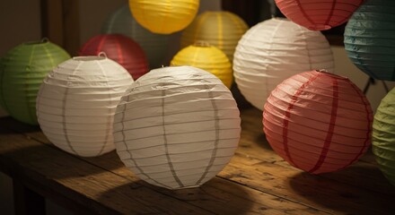 Colorful Paper Lanterns Hanging in a Cozy Indoor Setting.