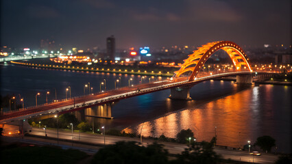 Tilt-shift angle capturing Da Nang's Dragon Bridge in Vietnam illuminated at night, arching over the Han River with city lights in the background, miniature effect composition for depth, dramatic fier