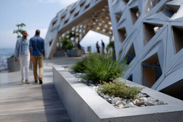 Obraz premium A serene rooftop garden with lush plants and modern architectural details, offering a peaceful escape from city life while showcasing sustainability and urban creativity.