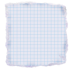 Torn grid paper sheet with blue graph lines and realistic ripped edges on transparent background, vintage notebook fragment for scrapbooking, stationery, mockups, collage and design overlays.