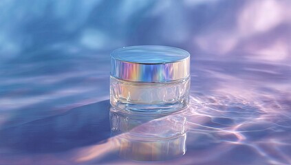 Beautiful iridescent cosmetic jar on a reflective surface.