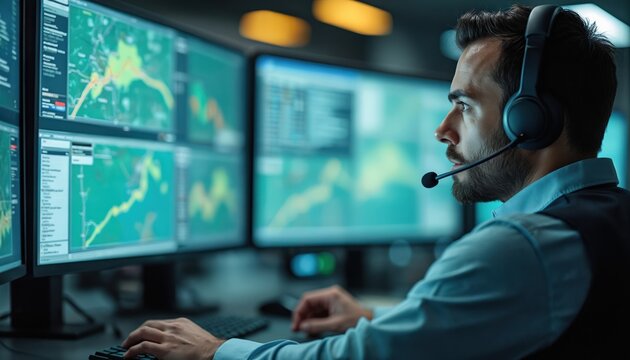 Man with headset manages transport routes on computer screens. He controls traffic flow and plans logistics from control room. Worker uses tech for urban system coordination.