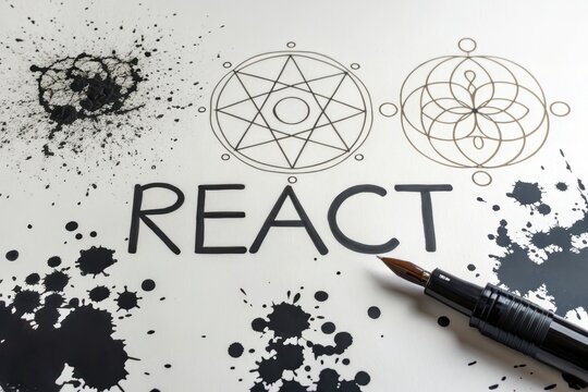 Conceptual illustration of React with ink splatters and symbols