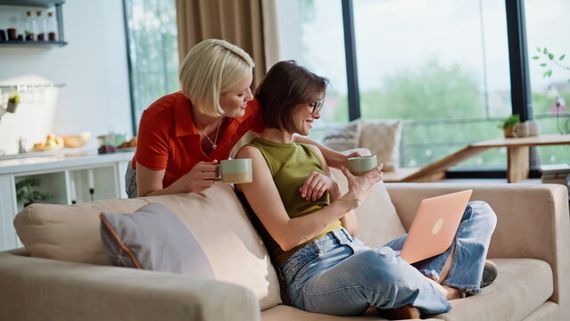 Lgbt partners looking computer living room closeup. Home couple sharing coffee