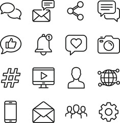 A collection of sixteen black and white line icons representing various social media, communication, and technology concepts.