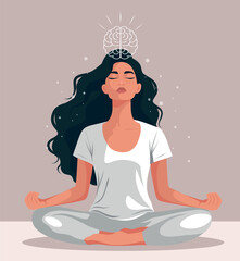 Beautiful woman doing yoga, meditating with a glowing brain above her head. Mindfulness, mental clarity, yoga. Vector illustration for mental health and psychology projects. High quality, scalable