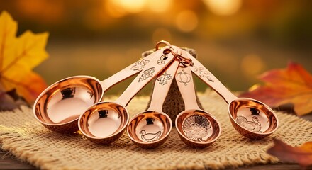 Copper Measuring Spoons Set on Rustic Surface with Autumnal Background.