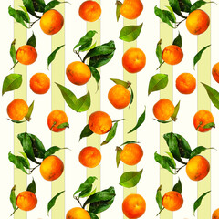 Tangerines on a striped background.A colorful pattern of ripe and bright tangerines on a striped background.