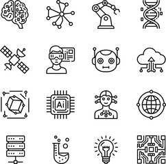 A collection of line art icons representing various concepts in artificial intelligence, robotics, data, and modern technology.