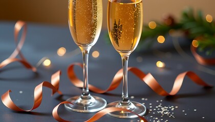 Two glasses of champagne clinking together, celebrating the start of a joyous occasion with ribbons and fairy lights