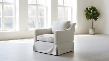 Fototapeta premium Elegant light-colored armchair in bright minimalist room interior