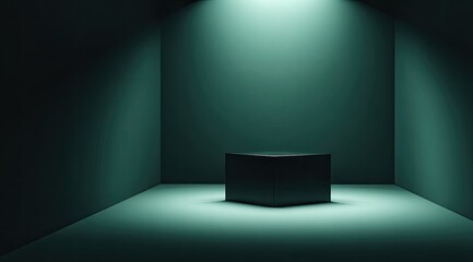 Dark teal studio with a solitary black cube