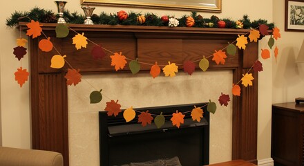 Cozy Autumn Fireplace Decoration with Leaf Garland.