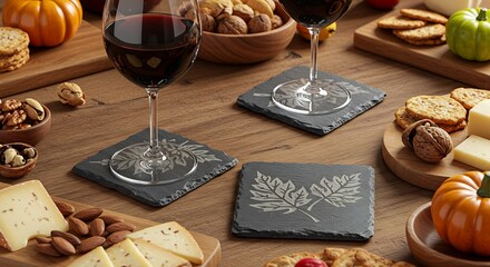 Cozy Autumn Gathering with Wine Cheese and Pumpkins on Wooden Table.