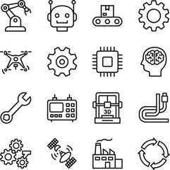 A collection of line art icons representing various aspects of modern technology, robotics, manufacturing, and industrial processes.