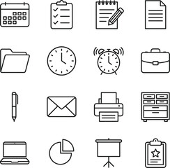 A collection of line art icons representing various office supplies, business tools, and productivity concepts.