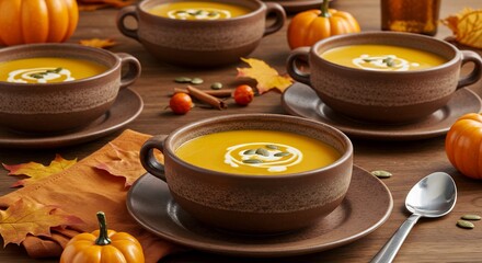 Cozy Autumn Harvest Soup Served in Rustic Bowls with Fall Decorations.