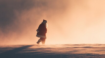Santa Claus walking through a snowy landscape at sunset