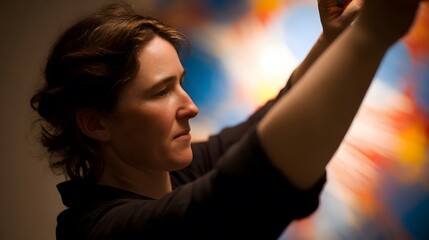 upper. Creative professional immersed in work, surrounded by vibrant abstract colors symbolizing ideas. wellbeing guides, coaching materials, designed for coaching and self-improvement content.