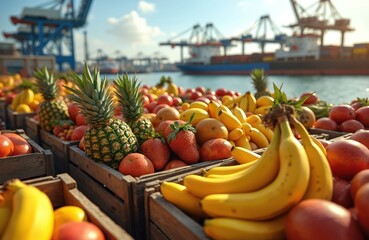 Crates of fresh fruit including pineapples, strawberries, bananas, and mangoes are lined up at a busy port with ships and cranes visible. Global food trade and logistics.