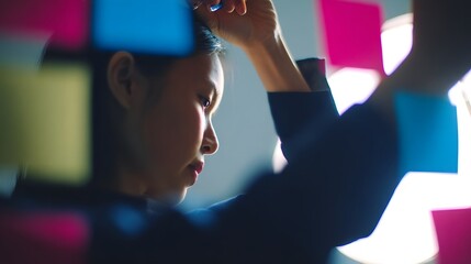 upper. Creative professional immersed in work, surrounded by vibrant abstract colors symbolizing ideas. wellbeing guides, coaching materials, designed for coaching and self-improvement content.