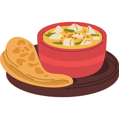 Stylized Flat Design of a Red Bowl Filled with Creamy Yellow Curry and Vegetables Served With Flatbread on a Dark Plate on a Transparent Background