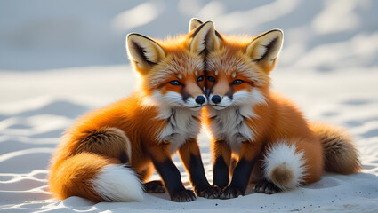 Obraz premium Two red foxes close together on sand, wildlife nature portrait