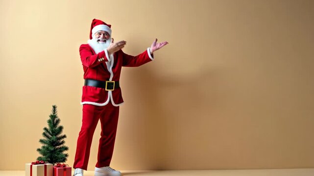 A cheerful Santa Claus in a red suit stands next to a small Christmas tree, pointing at the copy space. He gesticulating joyfully, representing the spirit of Christmas and New Year celebrations.