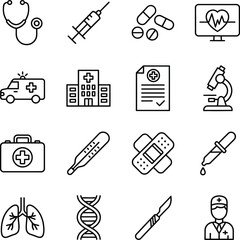 A comprehensive collection of outline medical and healthcare icons, featuring essential tools, facilities, and biological symbols.