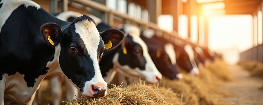 Holstein cows eat hay in a sunny barn. Modern dairy farm operation with black and white cattle. Livestock industry feeding mammals for meat and milk. - Powered by Adobe