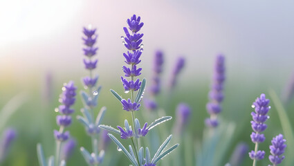 Naklejka premium Fresh purple lavender flowers with sparkling dew drops in soft light