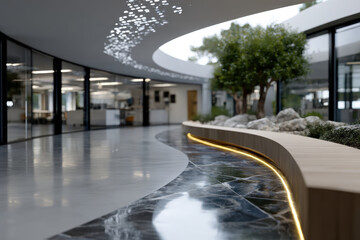 The image captures a stylish hallway characterized by its organic wooden elements and modern design featuring sleek lines and greenery, creating an inviting atmosphere.