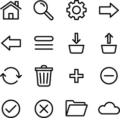 A grid of 16 common outline user interface icons, including home, search, settings, arrows, menu, download, upload, refresh, trash, add, subtract, check, close, folder, and cloud.