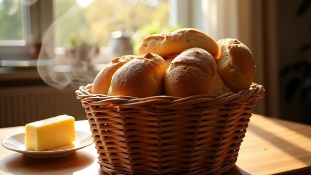 Warm coffee steam rising beside fresh bread in rustic basket, a cozy morning scene perfect for breakfast promotions and comforting food content