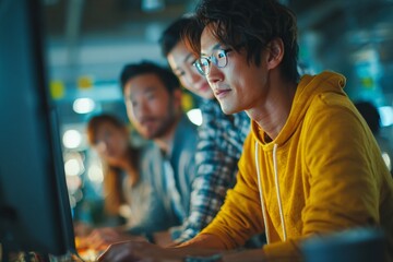 Dynamic collaboration in action: young designers revolutionizing digital spaces. Everyday life. Collaborating on colorful ideas: asian designers approach app creation. Genuine view. Raw beauty.