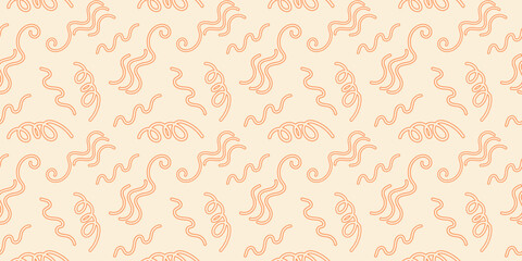Seamless abstract pattern with wavy orange line on a beige background in doodle style.
