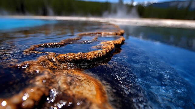 Colorful bacterial mat formation in thermal hot spring with steam rising in background, natural geothermal feature in wilderness setting.