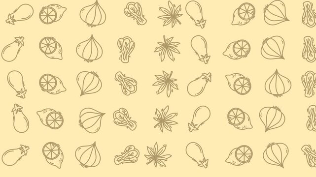 A seamless pattern of various hand-drawn vegetables featuring eggplant, lemon slices, garlic, star anise, for a healthy and vibrant visual effect