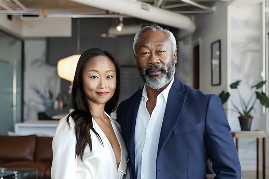 Asian woman in white blazer and African American senior businessman with gray beard smiling in modern office interior with industrial design elements. - Powered by Adobe
