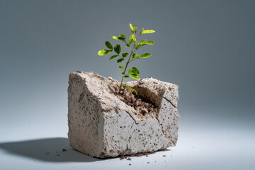 Resilient seedling sprouts from cracked concrete block symbolizing hope, new beginnings, and overcoming adversity in a stark, minimalist environment