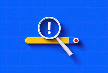 3D rendering of a magnifying glass icon, yellow search bar, exclamation mark, and a blue background