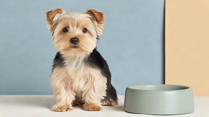 Adorable Yorkshire Terrier puppy sitting next to empty food bowl on neutral background, perfect for pet care advertising or veterinary content.