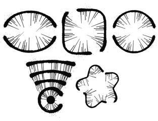 Various black shapes with radiating lines on a white background in a graphic design layout vector