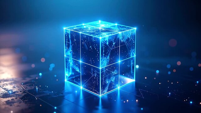 Glowing, geometric cube with internal networks and particles against a deep blue background
