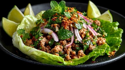 Spicy minced meat salad with fresh herbs, red onion, and lime wedges served on lettuce leaf in black plate. Traditional Thai cuisine.