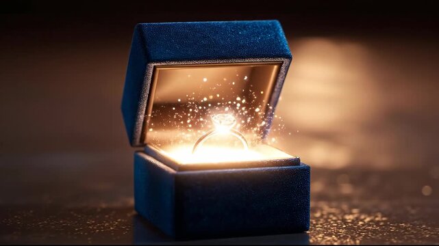 Elegant diamond ring inside blue velvet box with sparkling light  