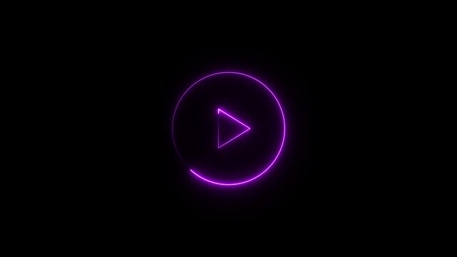 Play button icon 4k video animation. Neon shine play button with neon circle animation. Glowing a play button on black background and multimedia project. Play right triangle arrow start button.