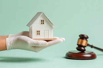 Hands in gloves hold a miniature house, a gavel is beside it
